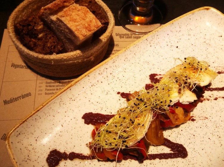 Escalivada with Olive Paste and Sprouts over Goat Cheese